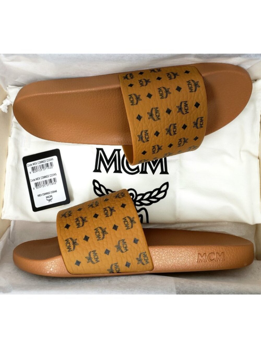 MCM Men's Monogram Print Rubber Slides Sandals in Cognac Size 45 / US 12 - Picture 2 of 5